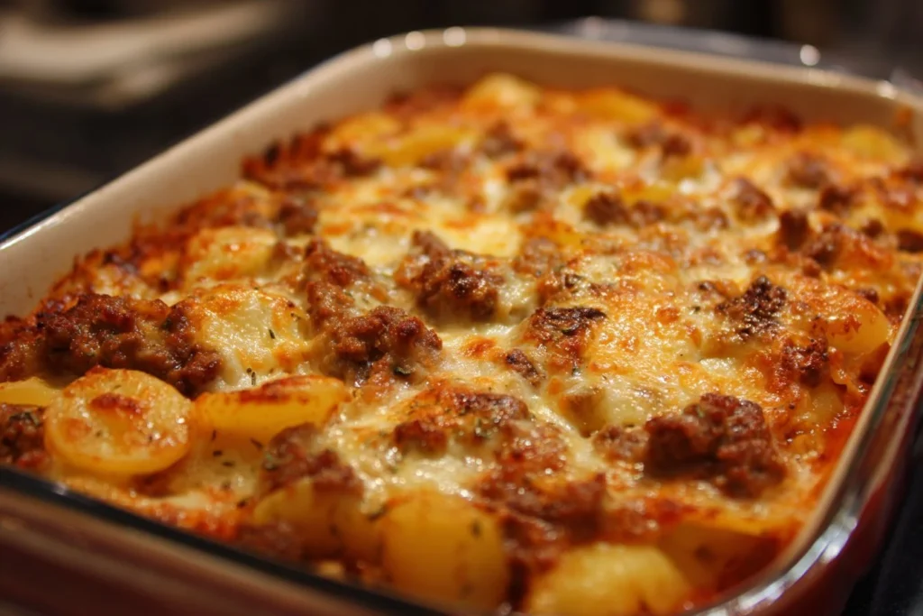 Delicious homemade ground beef casserole fresh out of the oven