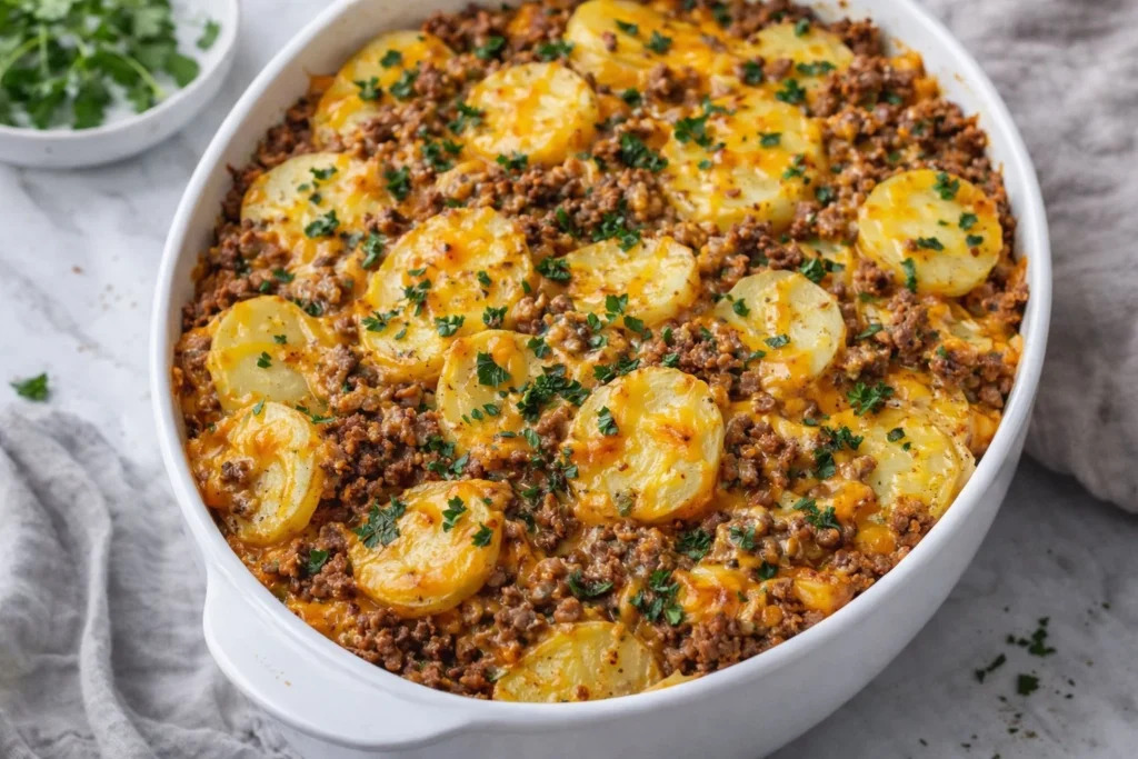 Hearty ground beef casserole topped with melted cheese and fresh herbs