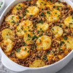 Hearty ground beef casserole topped with melted cheese and fresh herbs