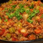 Plate of cooked ground beef dinner recipe with vegetables and spices.