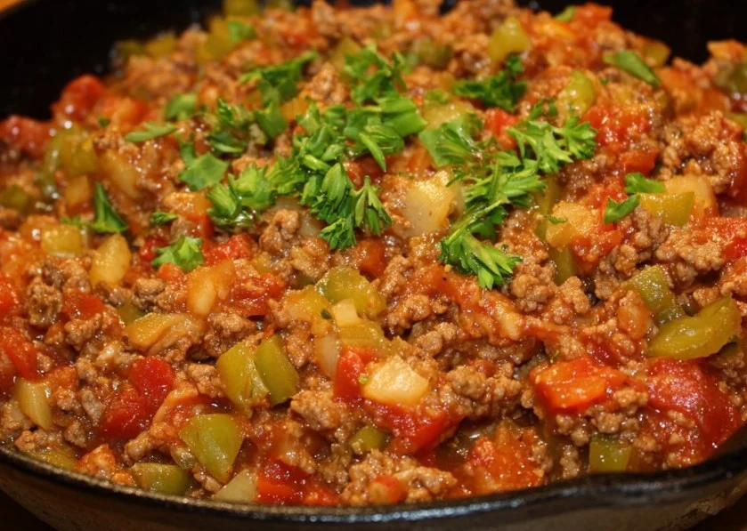 Plate of cooked ground beef dinner recipe with vegetables and spices.