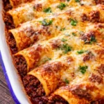 Plate of ground beef enchiladas topped with red sauce and cheese.