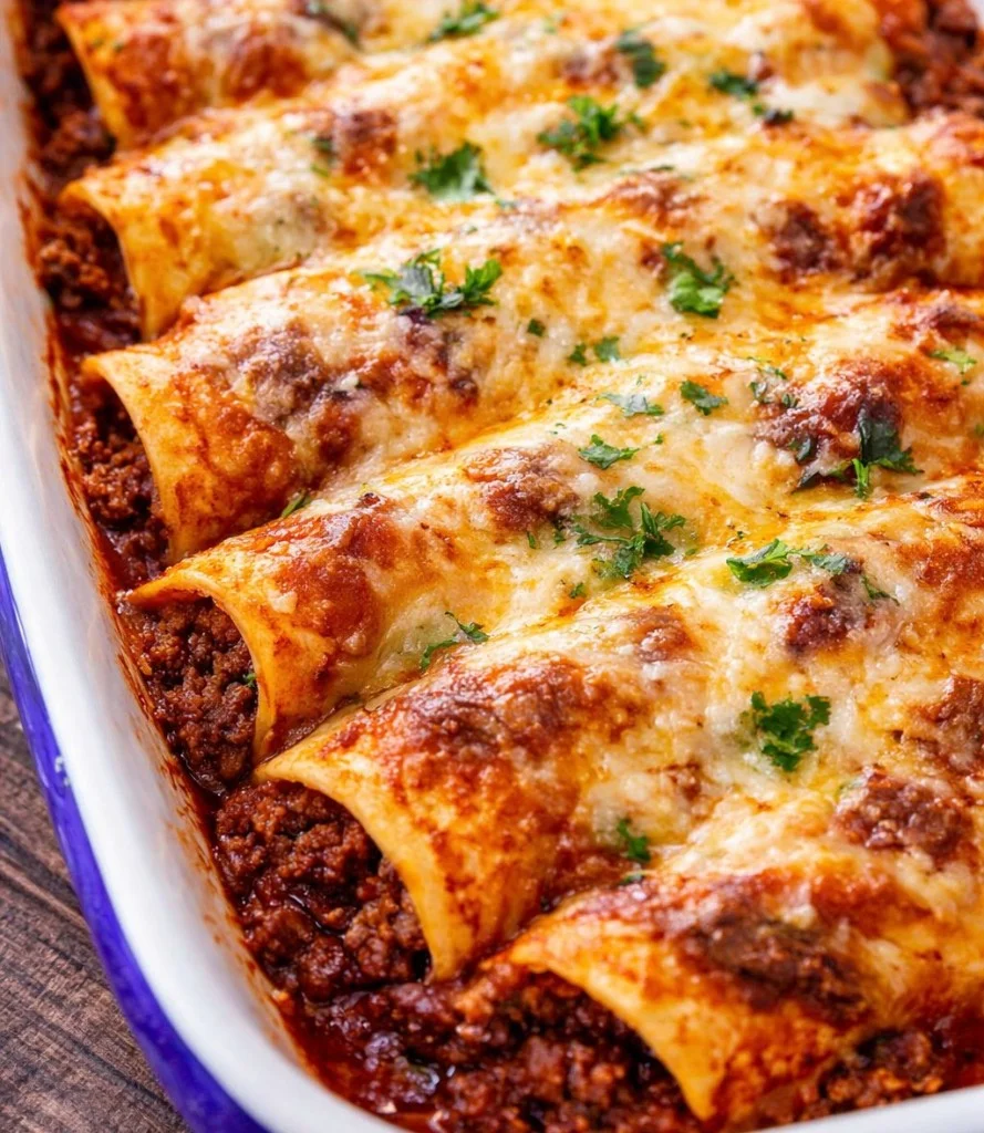 Plate of ground beef enchiladas topped with red sauce and cheese.