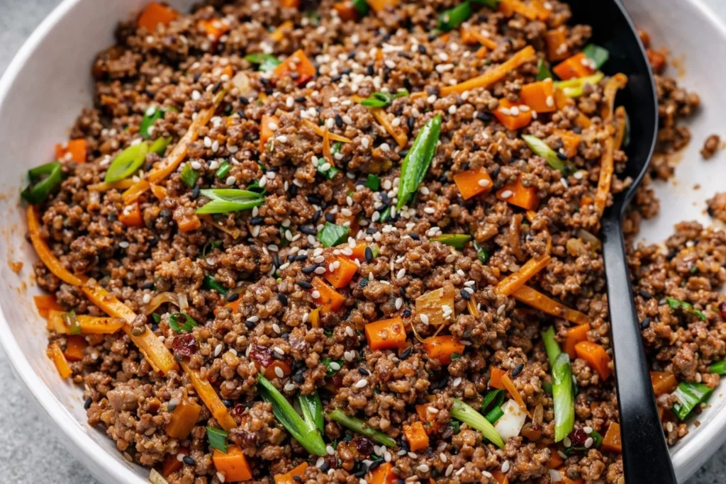 Ground beef lettuce wraps with fresh ingredients served on a plate