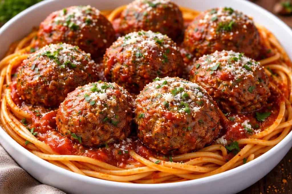 Plate of homemade ground beef meatballs with sauce and herbs