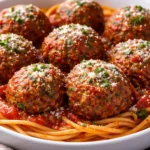 Plate of homemade ground beef meatballs with sauce and herbs