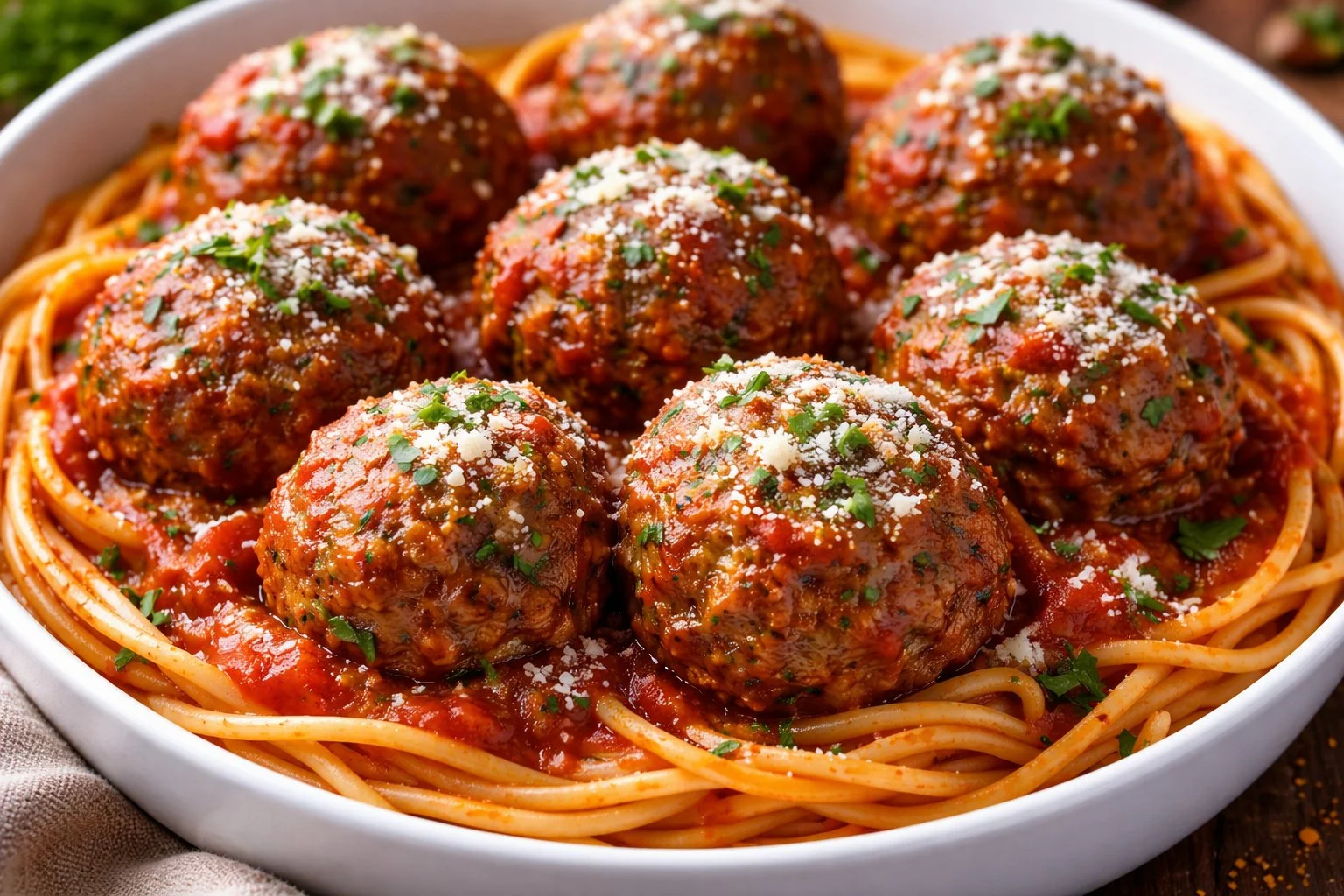 Plate of homemade ground beef meatballs with sauce and herbs