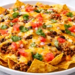 Plate of delicious ground beef nachos topped with cheese and jalapeños