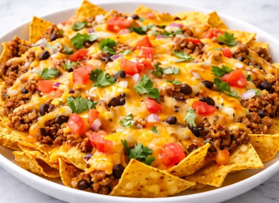 Plate of delicious ground beef nachos topped with cheese and jalapeños
