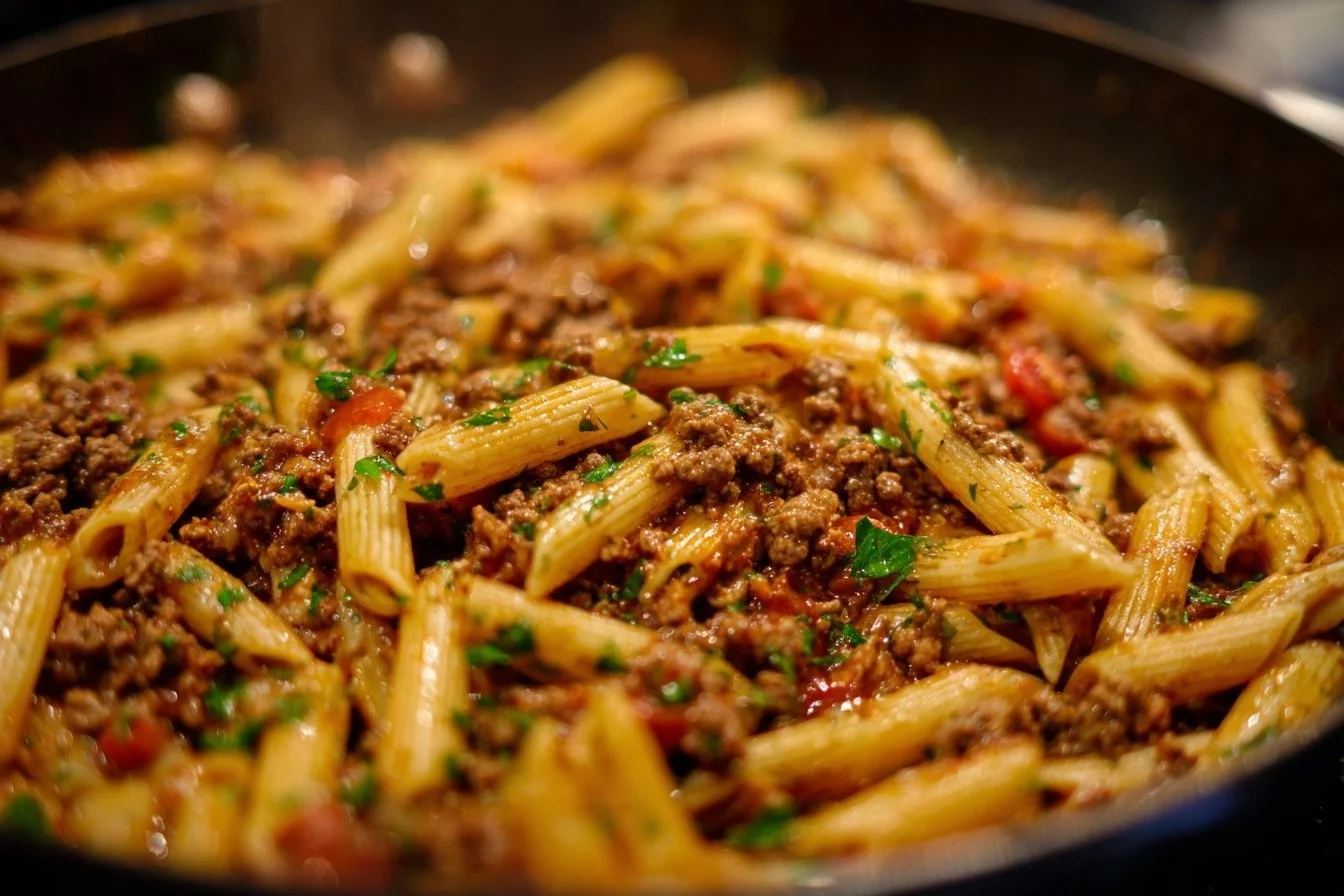 Delicious ground beef pasta served in a bowl, garnished with herbs.