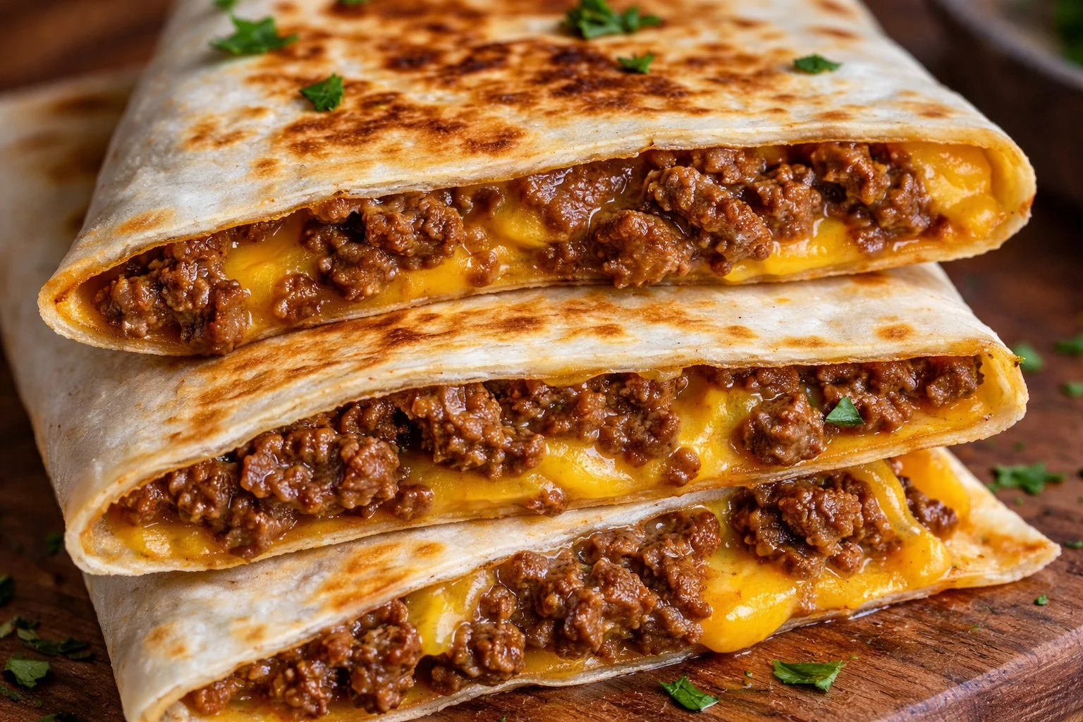 Delicious ground beef quesadillas with melted cheese and fresh toppings