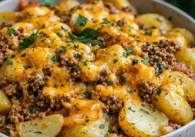 Delicious ground beef recipe served with vegetables and rice on a plate.