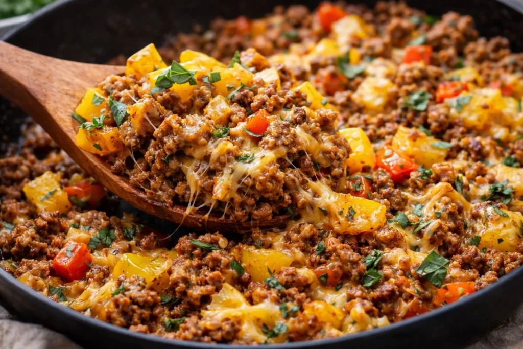 Various delicious ground beef recipes on a kitchen table.