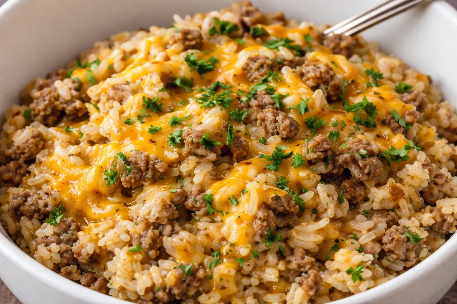 Ground Beef Rice Casserole topped with cheese and herbs