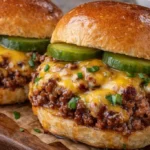 Juicy ground beef sliders served on a platter with toppings
