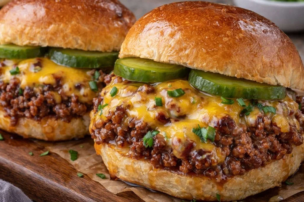 Juicy ground beef sliders served on a platter with toppings