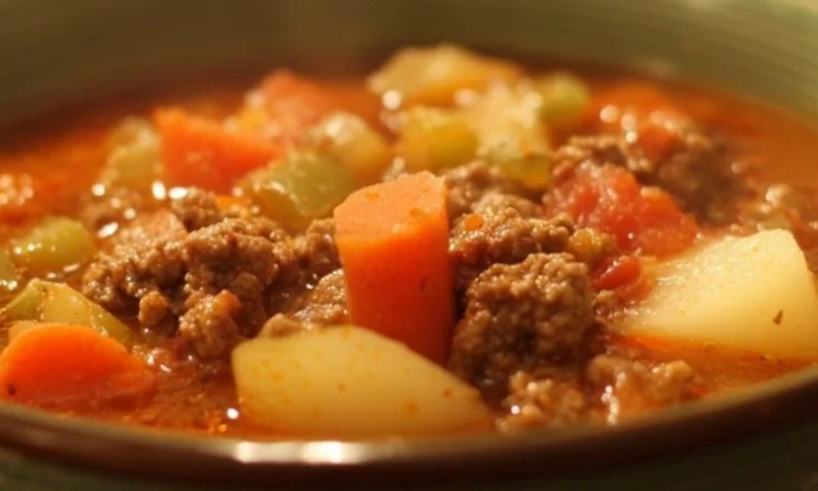 A bowl of hearty ground beef soup garnished with fresh herbs.
