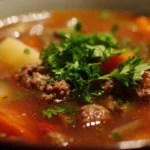Bowl of hearty Ground Beef Soup with vegetables and herbs