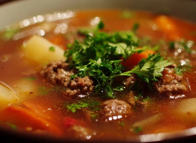 Bowl of hearty Ground Beef Soup with vegetables and herbs