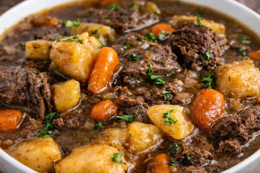 Bowl of hearty ground beef stew with vegetables