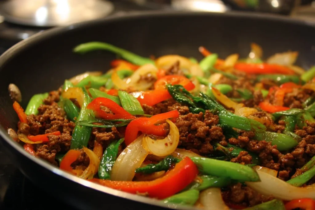 Ground beef stir fry with colorful vegetables in a skillet.