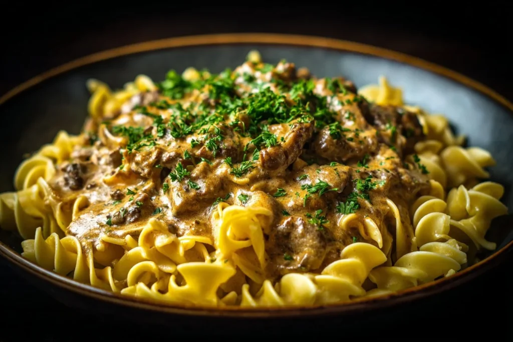 Delicious bowl of ground beef stroganoff topped with fresh parsley.
