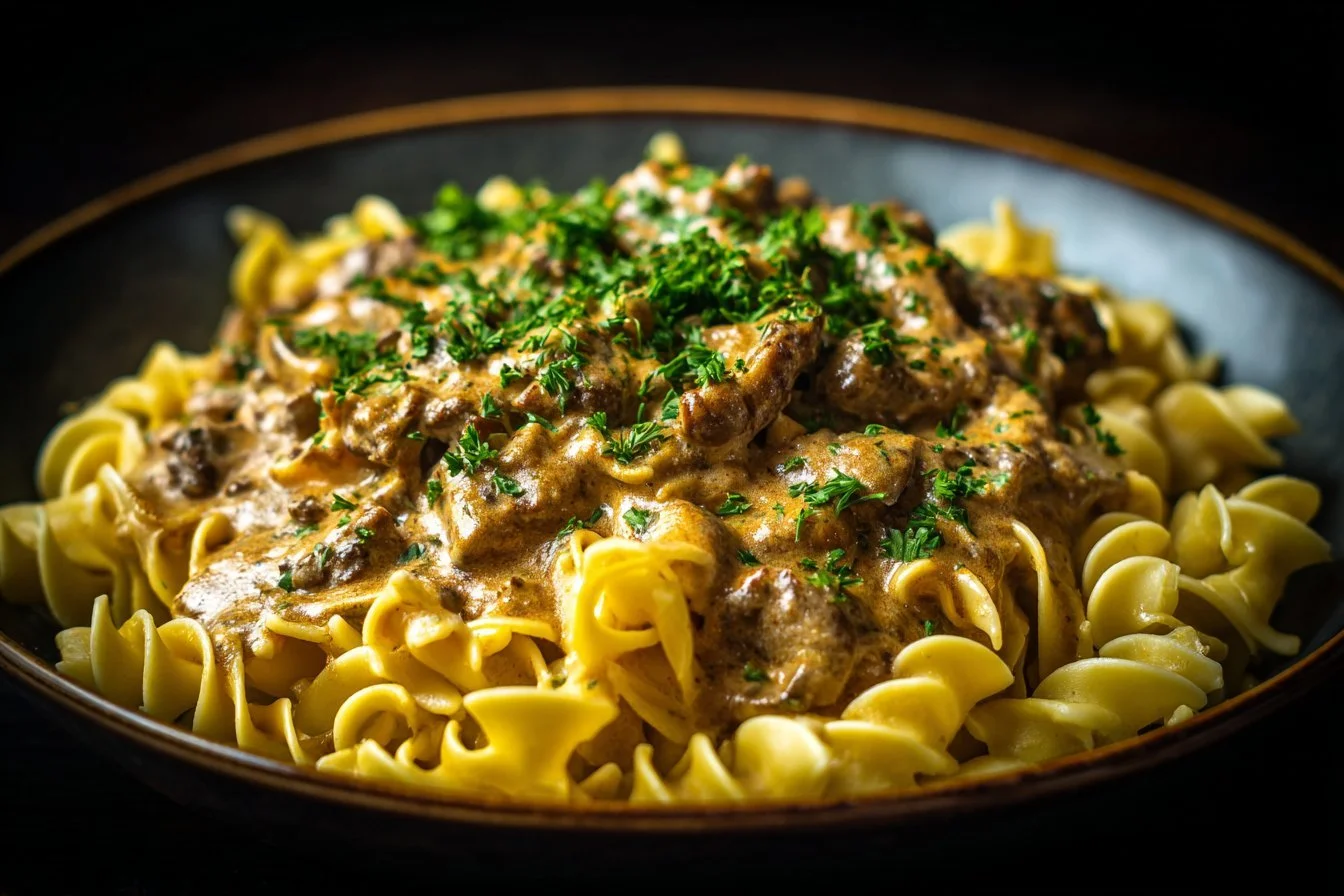 Delicious bowl of ground beef stroganoff topped with fresh parsley.