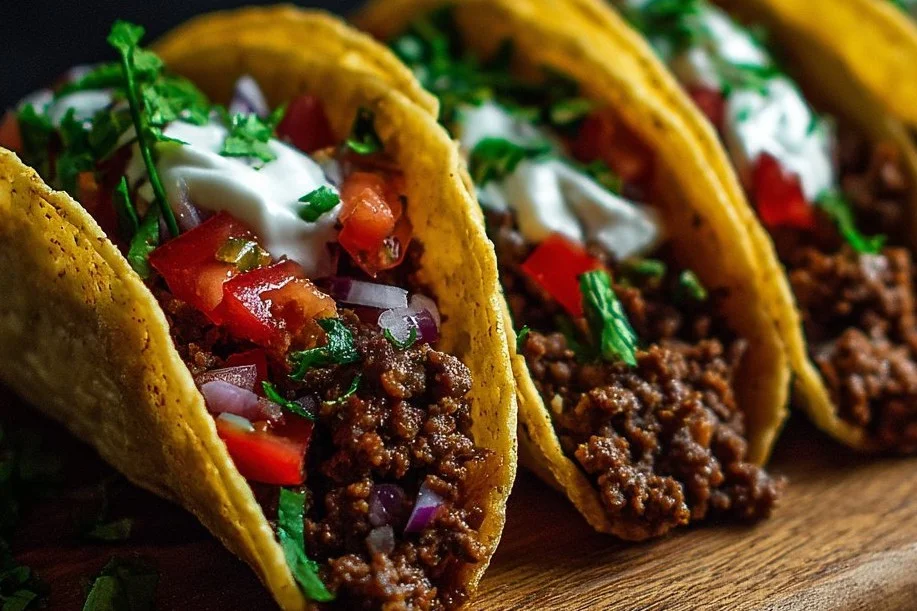 Plate of flavorful ground beef tacos topped with fresh ingredients