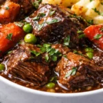 Bowl of rich Guinness beef stew with tender beef and vibrant vegetables