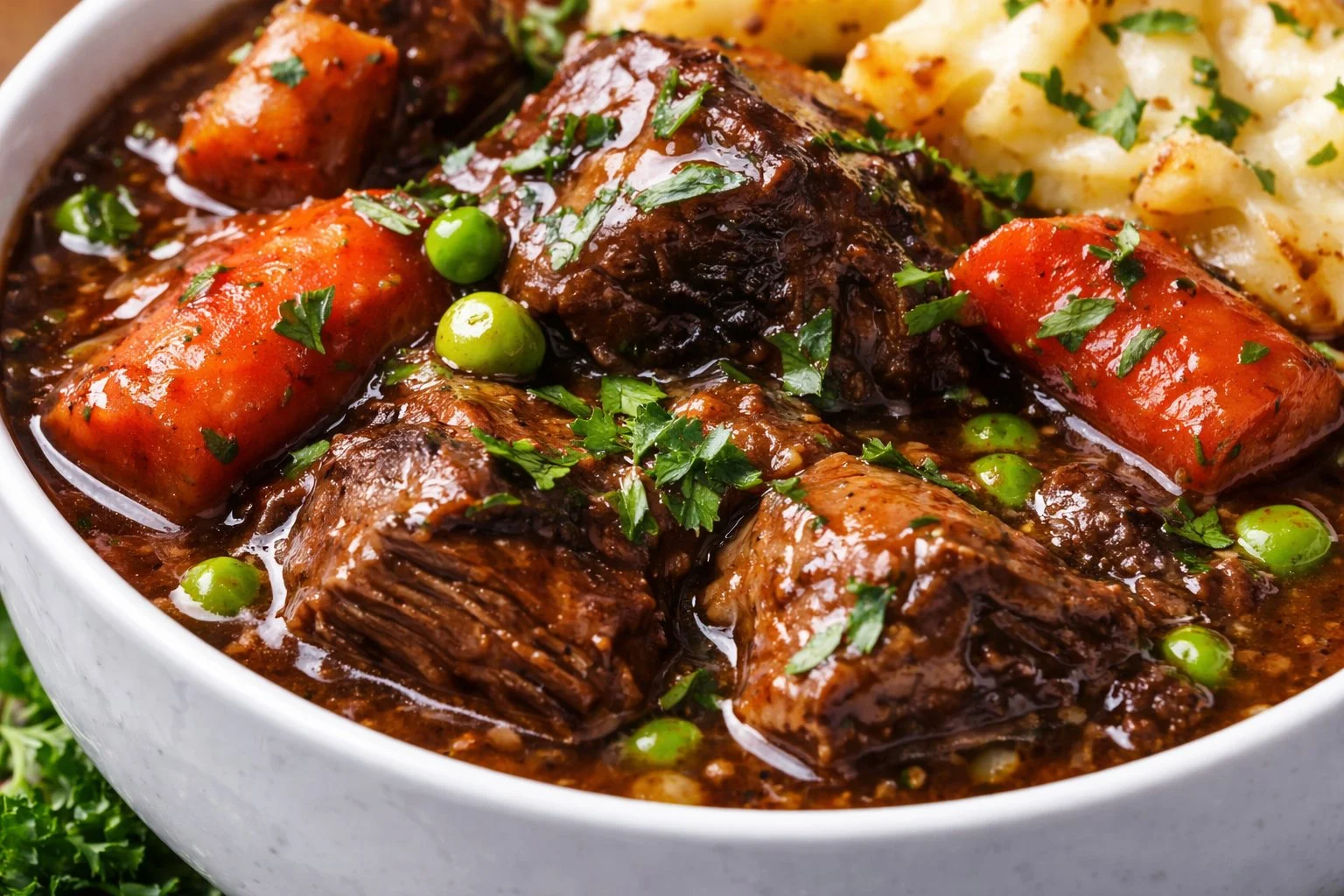 Bowl of rich Guinness beef stew with tender beef and vibrant vegetables