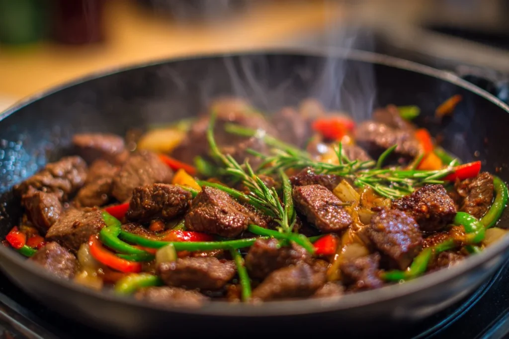 Healthy beef recipe with fresh ingredients and vibrant vegetables