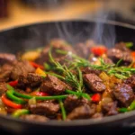 Healthy beef recipe with fresh ingredients and vibrant vegetables