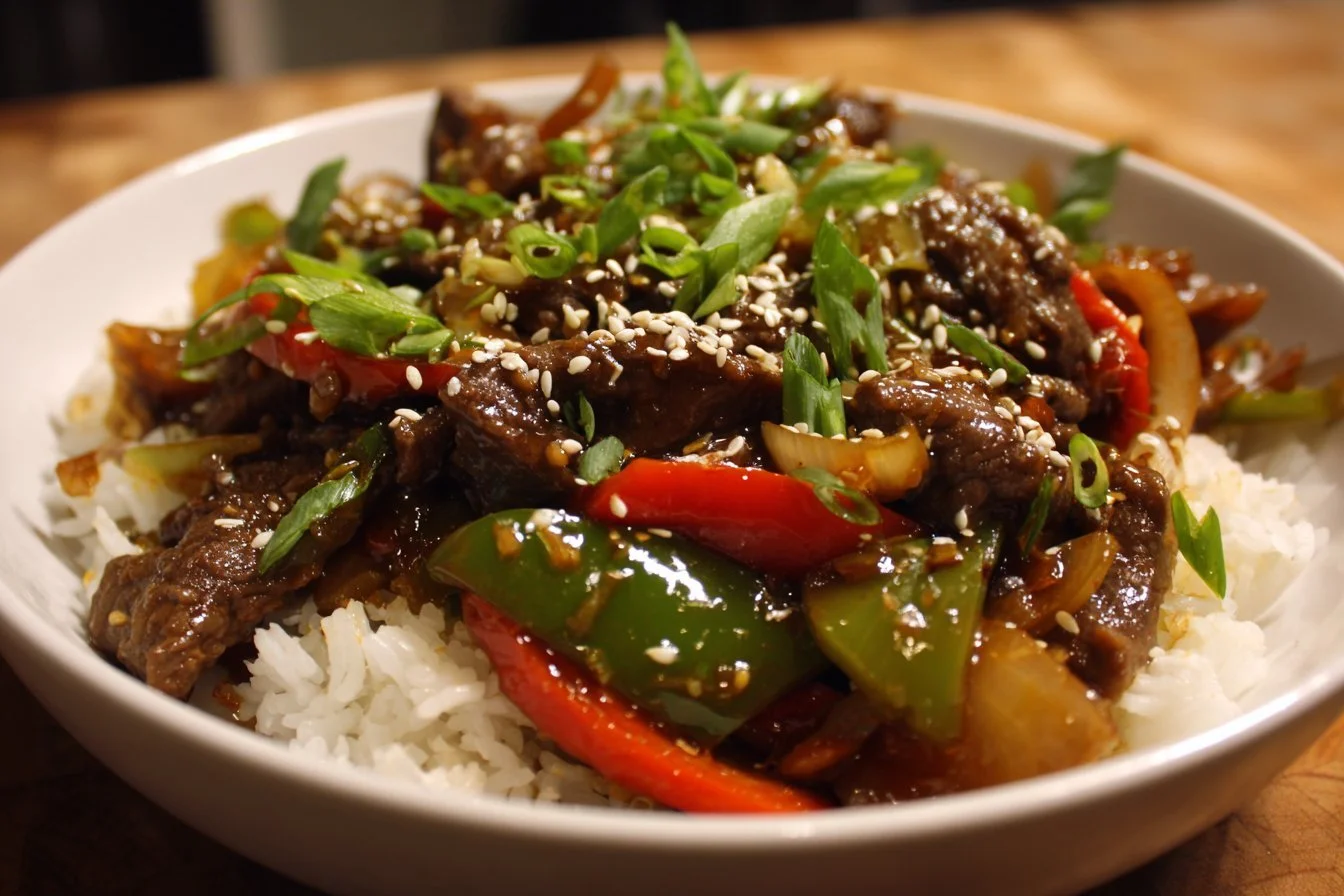 Healthy ground beef stir-fry with colorful vegetables in a skillet.