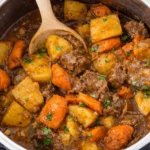 A hearty bowl of Instant Pot beef stew with vegetables and herbs