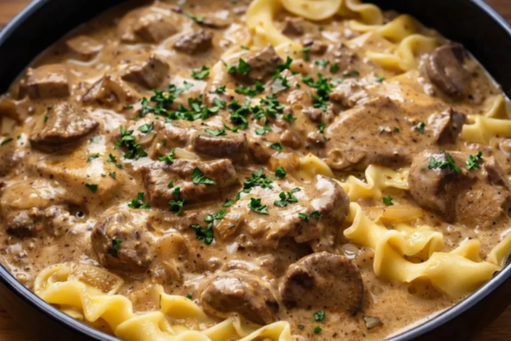Delicious Instant Pot Beef Stroganoff served with noodles and garnished with parsley.