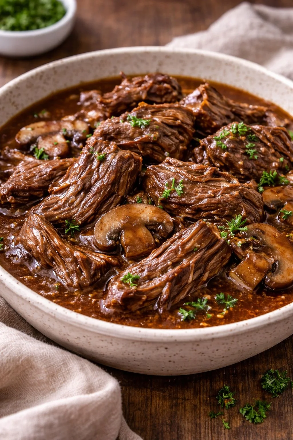 Delicious Instant Pot beef tips served with mashed potatoes and vegetables.