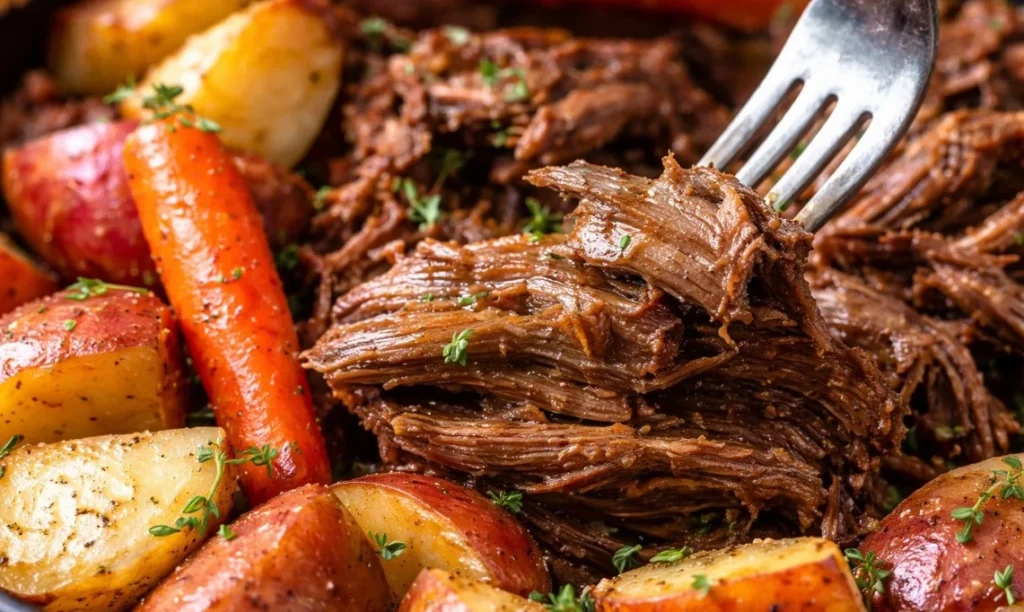 Delicious Instant Pot roast beef ready to be served with vegetables