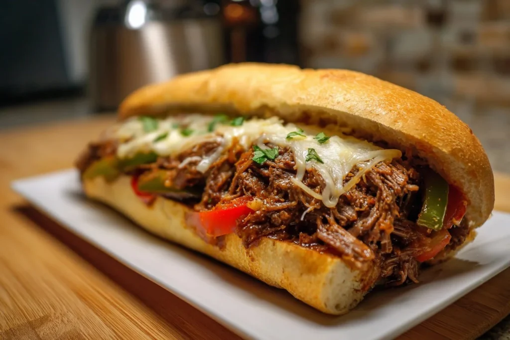 Delicious Italian Beef sandwich served with peppers and giardiniera
