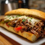 Delicious Italian Beef sandwich served with peppers and giardiniera