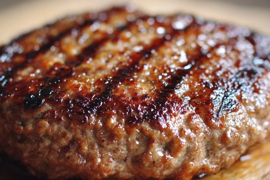 Delicious lean beef patty ready to be served with fresh vegetables.