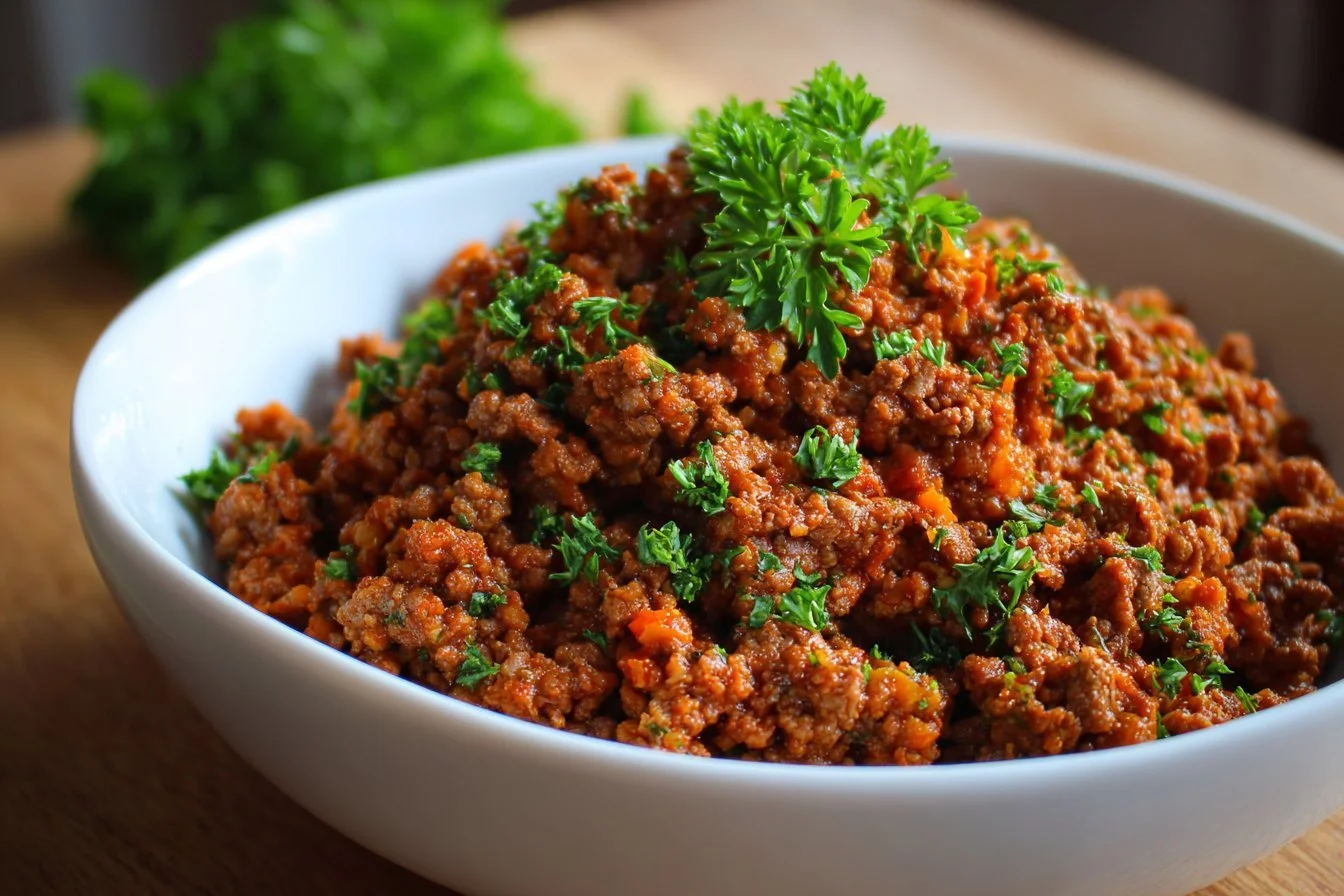 Delicious low carb ground beef recipe served in a bowl with fresh vegetables