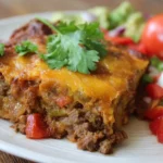 Delicious Mexican casserole with beef, cheese, and spices baked to perfection.