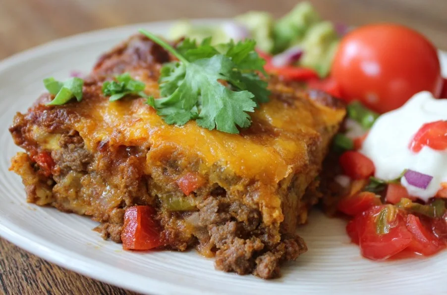 Delicious Mexican casserole with beef, cheese, and spices baked to perfection.