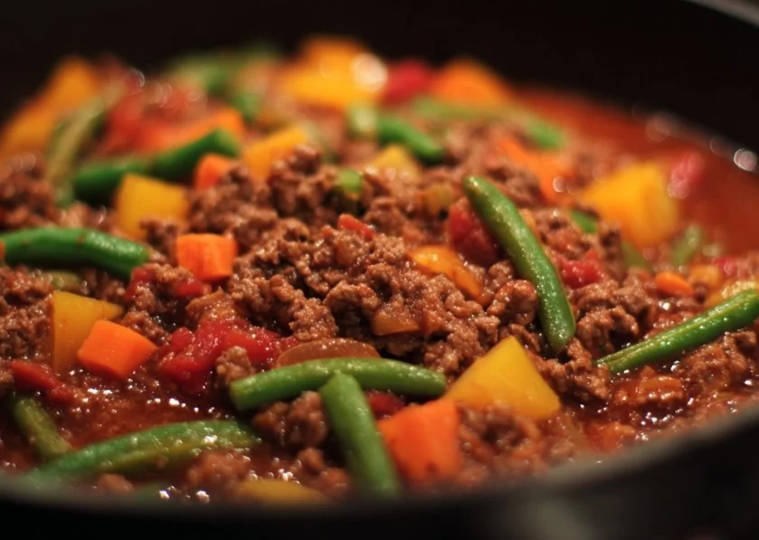 A plate of delicious minced beef recipe garnished with herbs and spices.