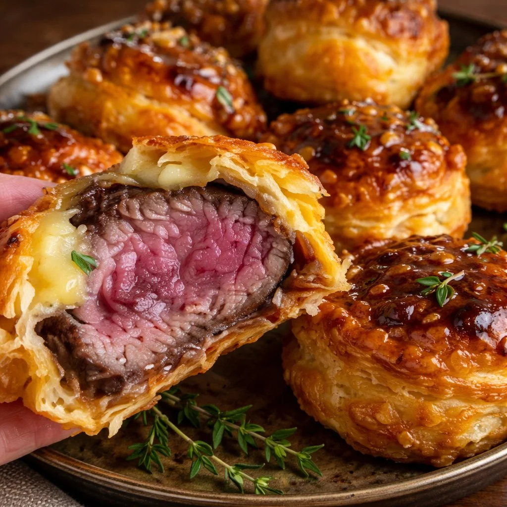 Mini Beef Wellington appetizers on a serving platter