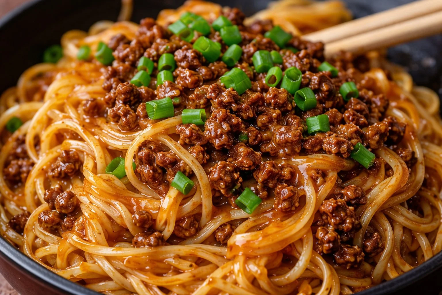 Delicious bowl of Mongolian Beef Noodles with vegetables and sauce