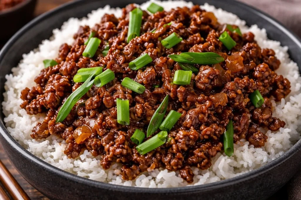 Plate of Mongolian Ground Beef served with vegetables and rice