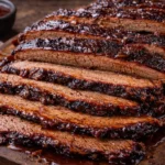 Oven-baked beef brisket with spices and herbs on a serving plate.