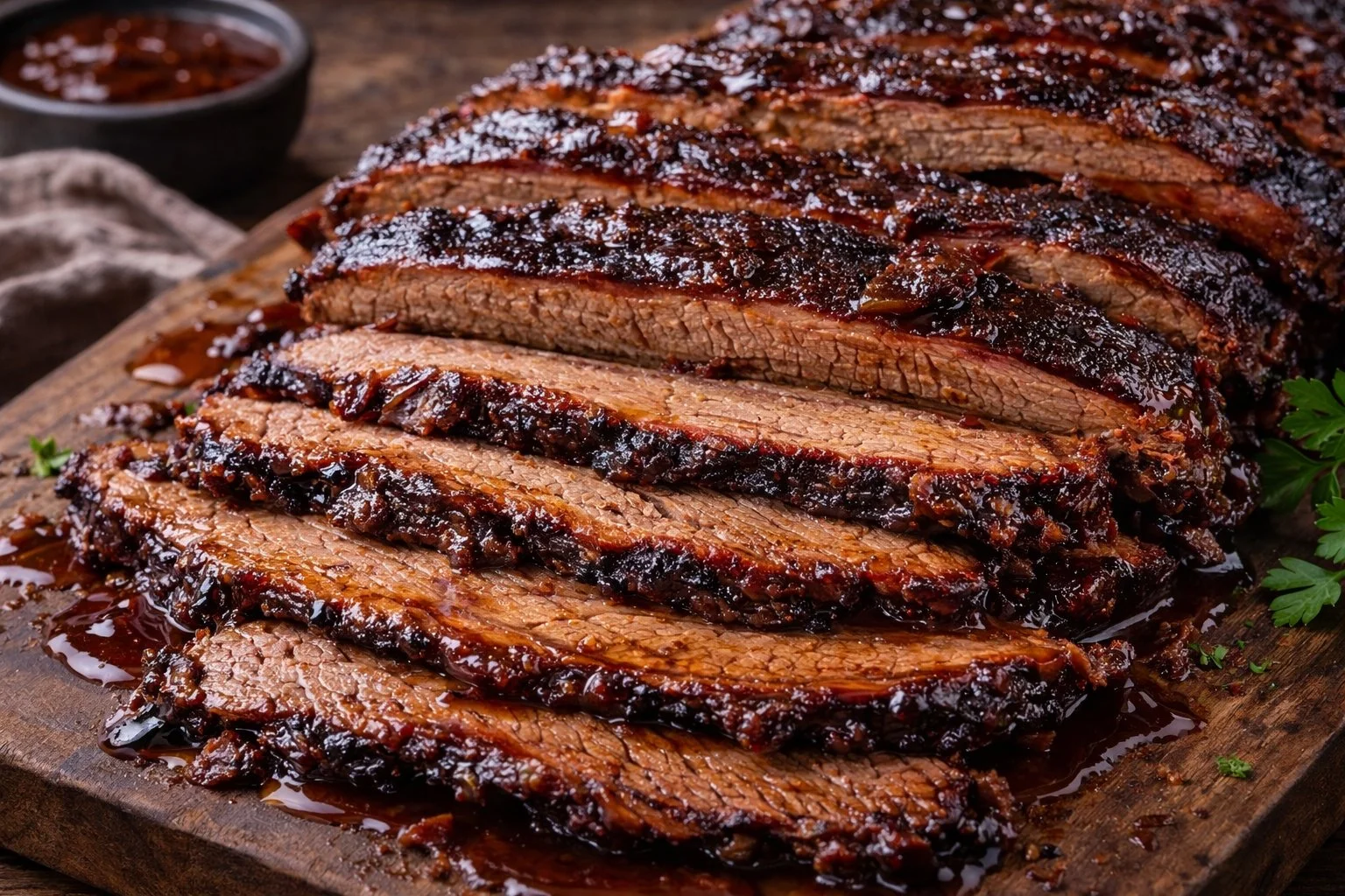 Oven-baked beef brisket with spices and herbs on a serving plate.