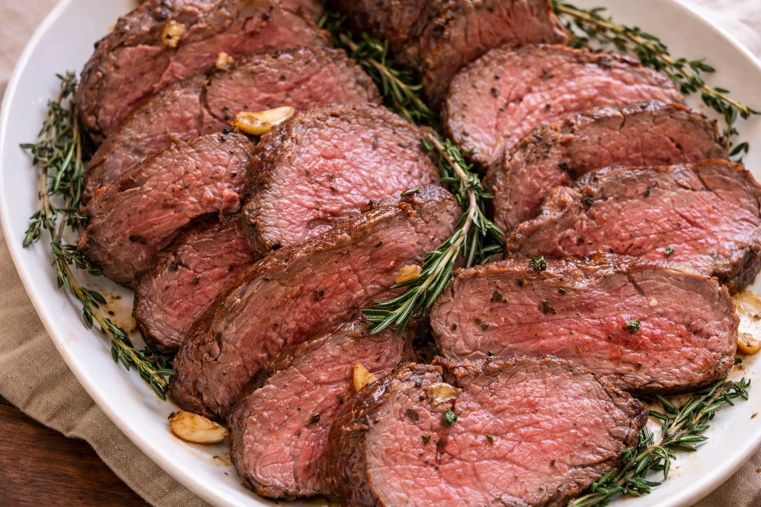 Juicy oven roasted beef tenderloin served with herbs and spices